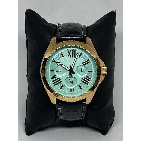Fossil Cecile AM4540 Women's Black Leather Analog Green Dial Quartz Watch XR816 - Picture 1 of 12